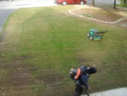 Front yard of house before slice seeding — bare and patchy lawn in March